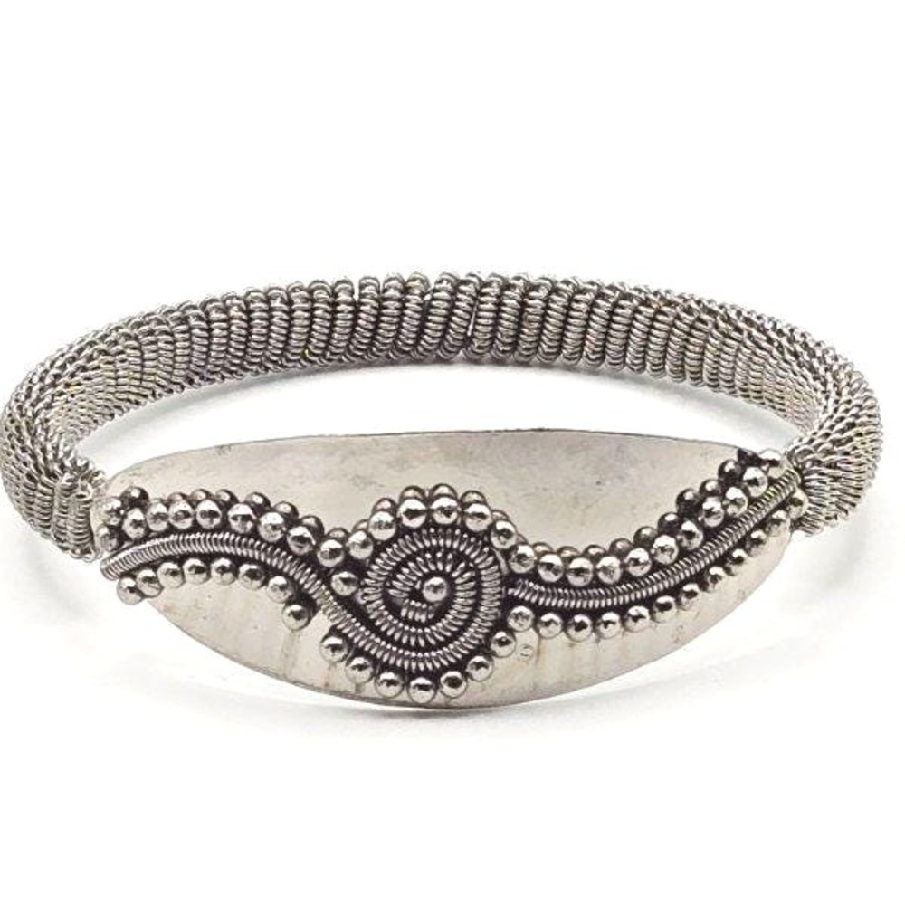 Vintage Coiled Wire Silver Bangle | Spiral Bead Detail | Artisan Slip-On Cuff